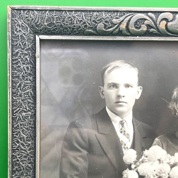 Antique 1920s Framed Photo Man Woman Wedding Roaring Twenties Ornate Wood Frame - Picture 8 of 12
